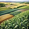 design a close up view of a field with various types of crops growing harmoniously together