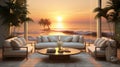 Design a coastal chic lounge with a 3D background view of an oceanfront sunset, featuring comfortable seating and virtual waves