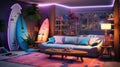 Design a coastal chic lounge with a neon-lit surfboard, beach-inspired decor, and a comfortable sofa that invites relaxation and