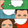 Design of comic book page. Dialogue of two girls and man with blank speech bubbles for text. Woman`s lips, female and male face. Royalty Free Stock Photo