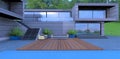 Design of a compact recreation area in the courtyard of a futuristic country cottage. Wooden deck next to the pool. Comfortable