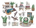 Scandinavian style watercolor set of decor items with Hygge elements. Royalty Free Stock Photo