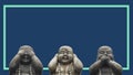 Design concept of a banner or a print for advertisement campaign. 3 Buddha statues heads in a pose of 3 wise mokeys: see no evil,