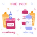 Design concept of cleansing by Curly Girl Method. Different bottles for pre-poo: conditioning and clarifying. Cosmetic products