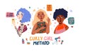 Design concept for curly girl method. Portraits of cartoon girls with different types of curly hair. Kinky, coil, waves