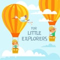 Design concept with cute children flying on air balloons in the sky.