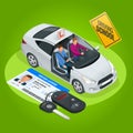 Design concept driving school or learning to drive. Flat isometric illustration Royalty Free Stock Photo