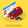 Design concept driving school or learning to drive. Flat isometric illustration Royalty Free Stock Photo