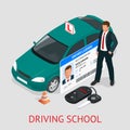 Design concept driving school or learning to drive. Flat isometric illustration Royalty Free Stock Photo