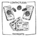 Design concept of economic and financial poster with smartphones, coins, money and credit cards Text Contactless payments Sketch