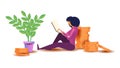 Design concept of the freelance job. A woman working on a laptop. Vector illustration showing a freelancer.