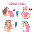 Design concept of hair care process of styling by Curly Girl Method. Woman and girls use smasters method to style and dry curly,