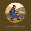 Design concept with an illustration of a ecologist in nature who takes samples from the reservoir. Royalty Free Stock Photo