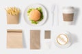 Design concept of mock up burger and coffee set on white background. Copy space for text and logo Royalty Free Stock Photo