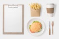 Design concept of mockup burger, french fries, coffee cup and cl