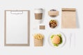 Design concept of mockup burger, salad, coffee cup, french fries Royalty Free Stock Photo