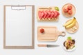 Design concept of mockup fresh vegetable, fruits and clip board Royalty Free Stock Photo