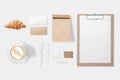 Design concept of mockup paper, bag, clipboard and coffee cup se Royalty Free Stock Photo