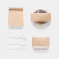 Design concept of mockup salad, bag and container box set isolated on white background. Copy space for text and logo. Clipping Pa Royalty Free Stock Photo