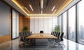 The design concept of a modern office conference room interior emphasizes minimalism, featuring a large transparent window, and is Royalty Free Stock Photo