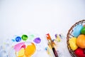 Design concept - Preparing for Easter celebration, painting Easter eggs with colorful Acrylic pigment color dyestuff in palette,