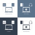 Design concept for studying, learning, distance and online education, video tutorials. Web banners, icons. Vector flat