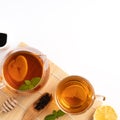 Design concept top view of honey black tea with lemon and mint Royalty Free Stock Photo