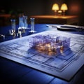 Design concepts presented Rolled blueprints on table, architectural creativity and planning evident