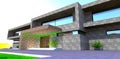 Design of the contemporary country house finished with trend metal panels. 3d wooden finishing of the porch. 3d rendering