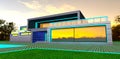 Design of contemporary dwelling. Night view. Large panoramic windows reflecting distant village lights. 3d rendering