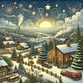 A design of a countryside with the christmas vibes, village, snow, christmas tree, cartoon style, digital art, nature, fantasy