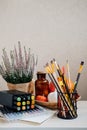 Design Courses, Drawing Course, Drawing Colored Pencil Workshops. Colorful paints, Pencils, brushes, stationery