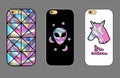 Design cover for phone with holographic patches of unicorn, alien and geometrical background.