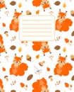 Design of covers for notebooks, planners with the image of a funny squirrel, autumn leaves, cones, acorns, mushrooms and twigs.