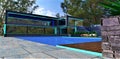 Design of the cozy house yard with pool in a pine forest. Square massive stone slabs as a pavement. Huge mirrored panoramic