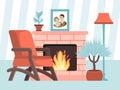 Design cozy modern fireplace, furniture armchair house plant pot and family photography flat vector illustration. Hearth