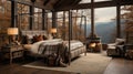 Design of cozy and rustic bedroom with a wooden four-poster bed, plaid bedding, and a stone fireplace. earthy color with shades of Royalty Free Stock Photo