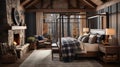 Design of cozy and rustic bedroom with a wooden four-poster bed, plaid bedding, and a stone fireplace. earthy color with shades of Royalty Free Stock Photo