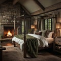 Design of cozy and rustic bedroom with a wooden four-poster bed, plaid bedding, and a stone fireplace. earthy color with shades of Royalty Free Stock Photo