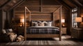 Design of cozy and rustic bedroom with a wooden four-poster bed, plaid bedding, and a stone fireplace. earthy color with shades of