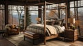 Design of cozy and rustic bedroom with a wooden four-poster bed, plaid bedding, and a stone fireplace. earthy color with shades of Royalty Free Stock Photo