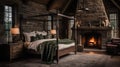 Design of cozy and rustic bedroom with a wooden four-poster bed, plaid bedding, and a stone fireplace. earthy color with shades of