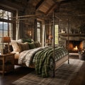 Design of cozy and rustic bedroom with a wooden four-poster bed, plaid bedding, and a stone fireplace. earthy color with shades of Royalty Free Stock Photo