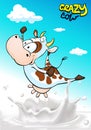 Design with crazy cow jumping over milk splash