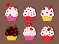 Design of cupcakes icons. Set of sweet cupcakes for Valentine\'s Day. Flat icons with hearts  kisses and powder Royalty Free Stock Photo