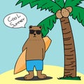 Design of cute bear cartoon surfer summer concept with coconut t