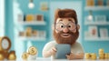 Design a 3D cartoon image of a cheerful bearded character using a smartphone at home Generative AI Illustration