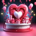 design a 3d render of a valentines day product display featuring love themed merchandise on the sta