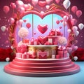 design a 3d render of a valentines day product display featuring love themed merchandise on the sta