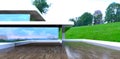 Design of the decked terrace. Reflection of the environment in a glass facade of the house . 3d rendering